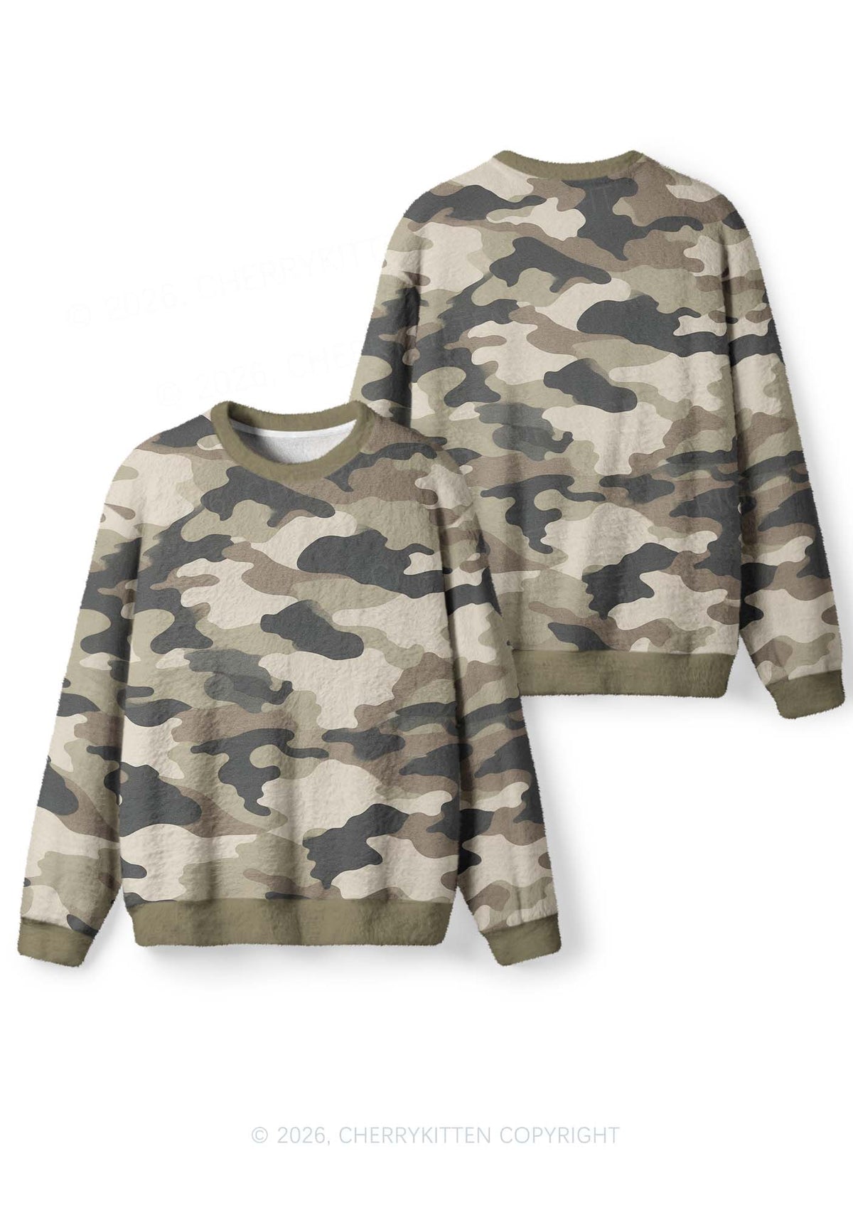 Dark Green Camouflage Y2K Knit Sweatshirt Cherrykitten