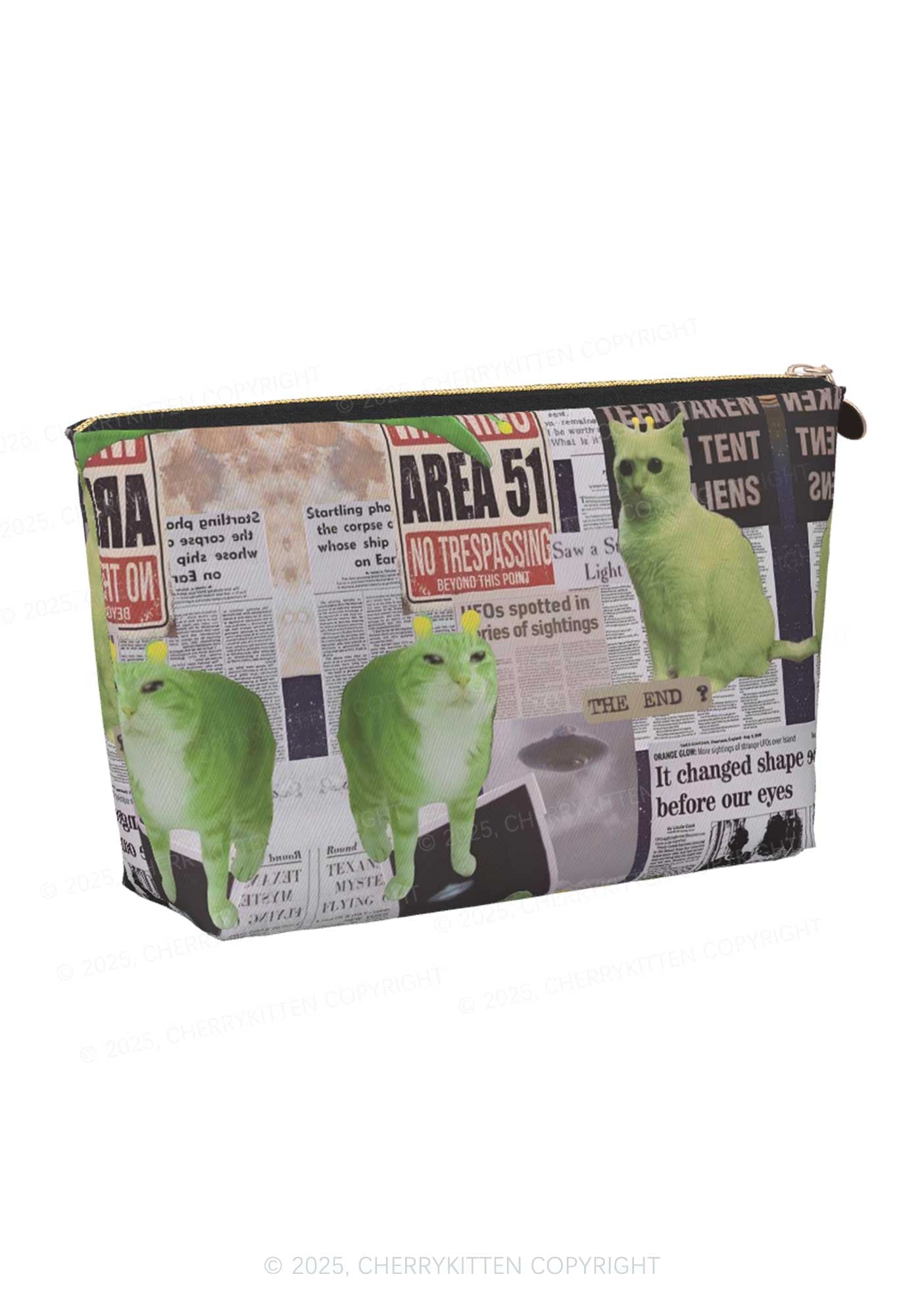 Green Alien Kitten Y2K Leather Makeup Bag Cherrykitten
