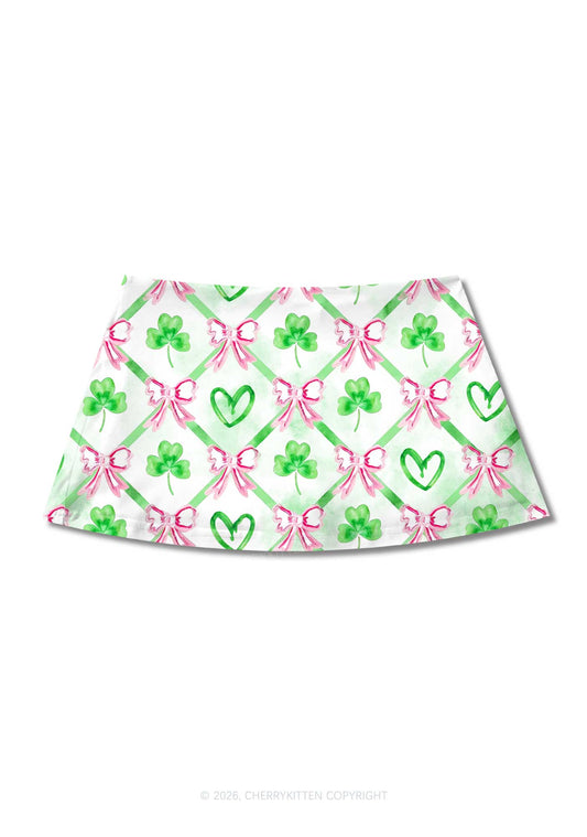 Shamrock Pink Bows St Patricks Y2K Print Mini Skirt Cherrykitten