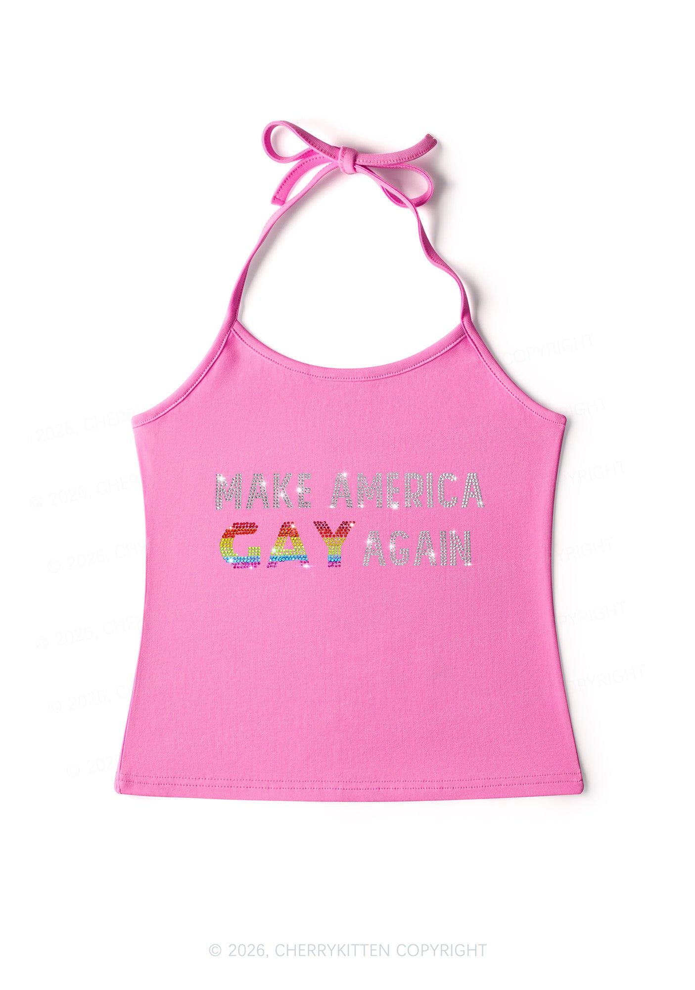 Rhinestone Make America Gay Again Pride Y2K Halter Neck Cami Cherrykitten
