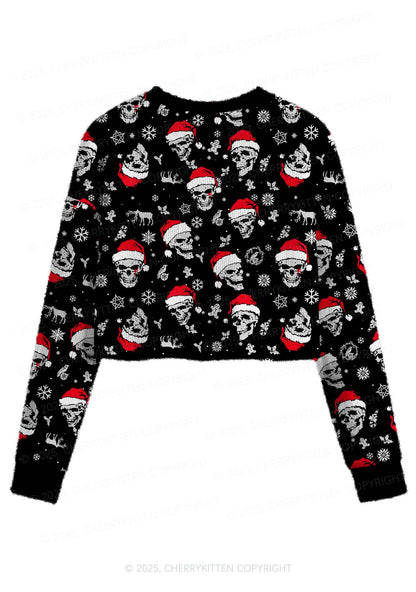 Skull Santa Y2K Christmas Crop Knit Sweatshirt Cherrykitten