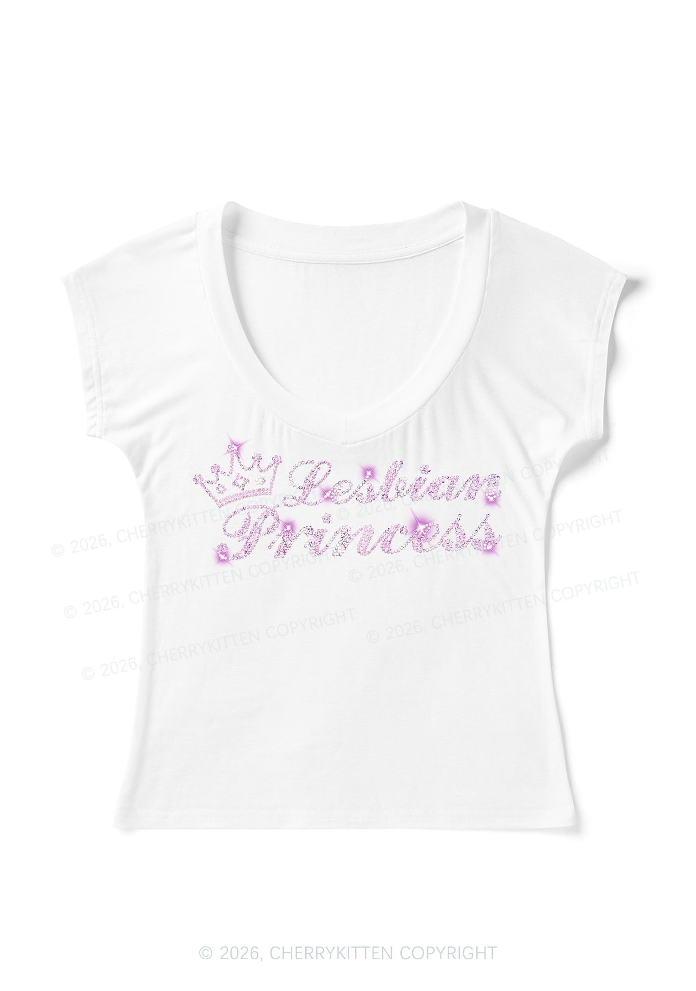 Rhinestone Lesbian Princess Pride Y2K V Neck T Shirts Cherrykitten