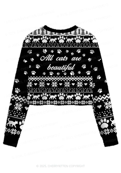 Black ACAB Cats Y2K Christmas Crop Knit Sweatshirt Cherrykitten