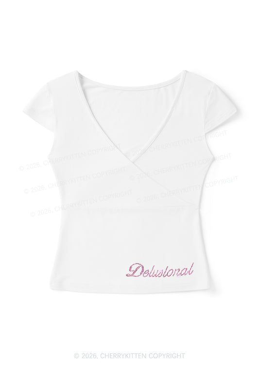 Rhinestone Delusional Y2K Wrap V Neck T Shirts Cherrykitten