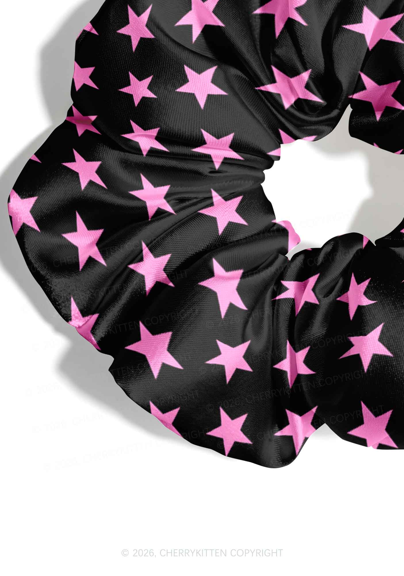 Pink Star On Black Y2K Hair Scrunchie Cherrykitten