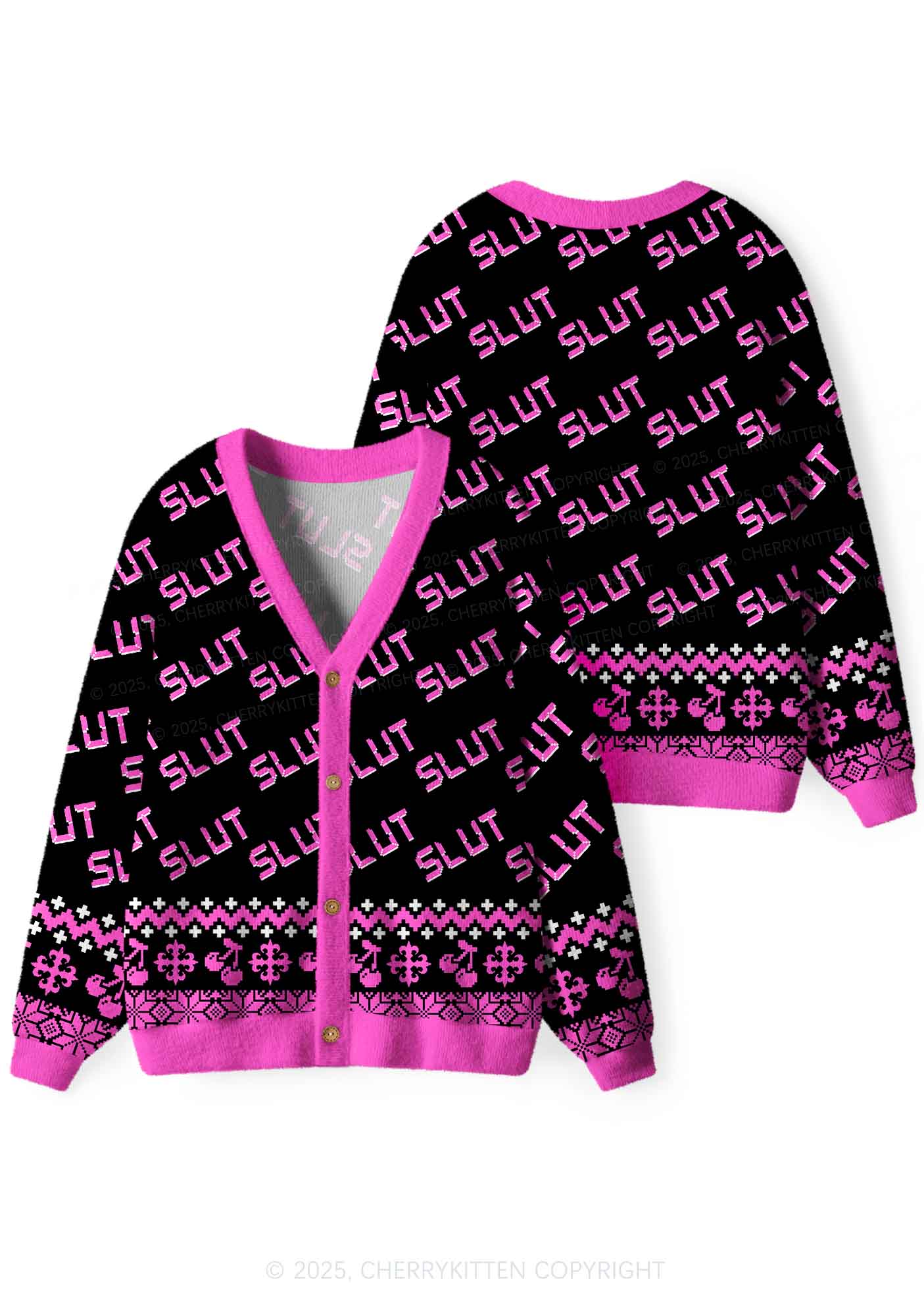 Hot Pink Slxt Y2K Christmas Cardigan Knit Sweatshirt Cherrykitten