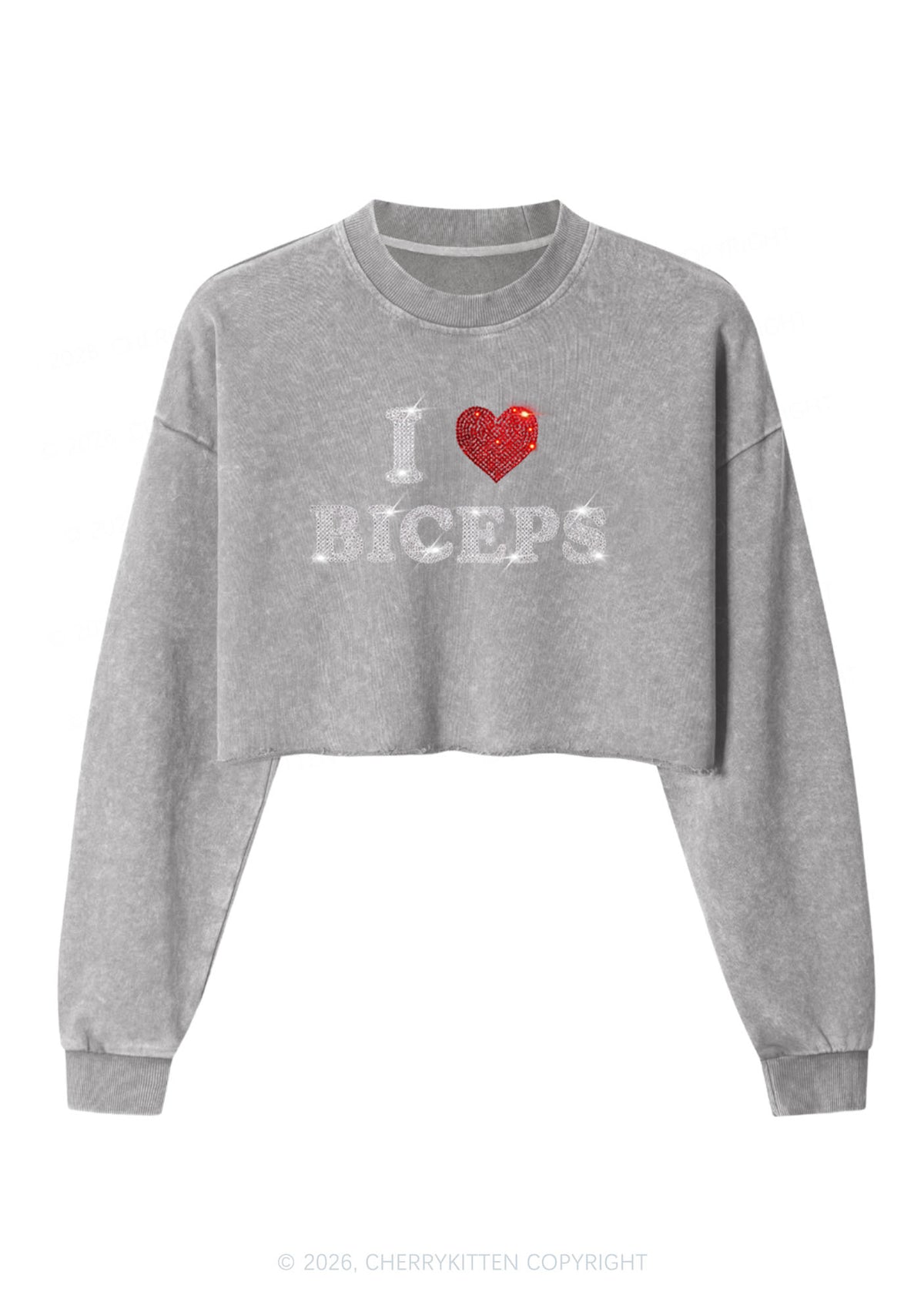 Rhinestone I Love Biceps Y2K Crop Washed Sweatshirts Cherrykitten