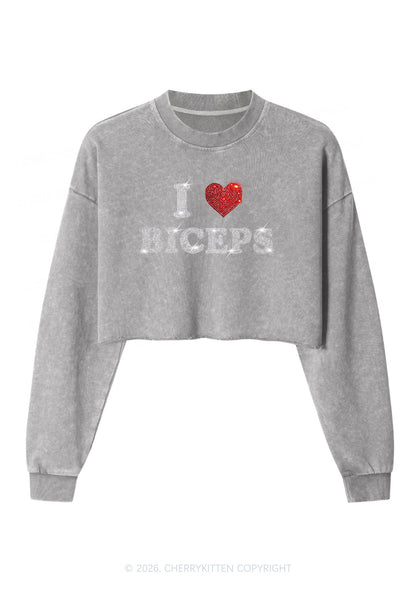 Rhinestone I Love Biceps Y2K Crop Washed Sweatshirts Cherrykitten
