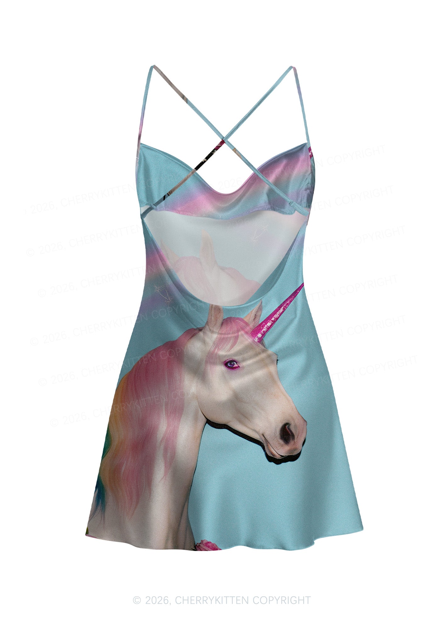 Colorful Unicorn Y2K Print Satin Cowl Neck Slip Dress Cherrykitten