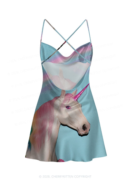Colorful Unicorn Y2K Print Satin Cowl Neck Slip Dress Cherrykitten
