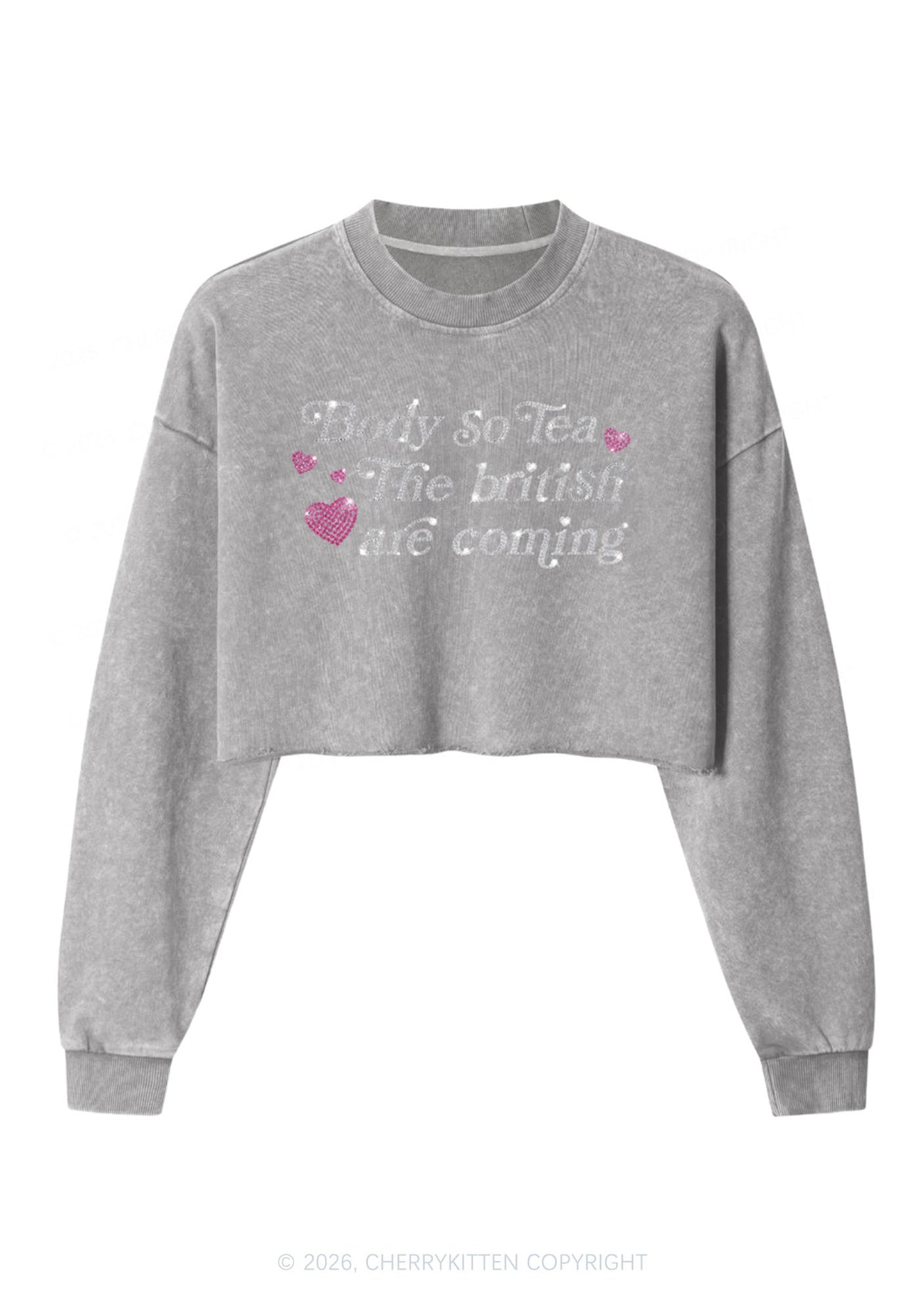 Rhinestone Body So Tea Y2K Crop Washed Sweatshirts Cherrykitten