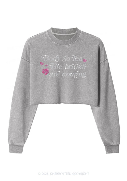 Rhinestone Body So Tea Y2K Crop Washed Sweatshirts Cherrykitten