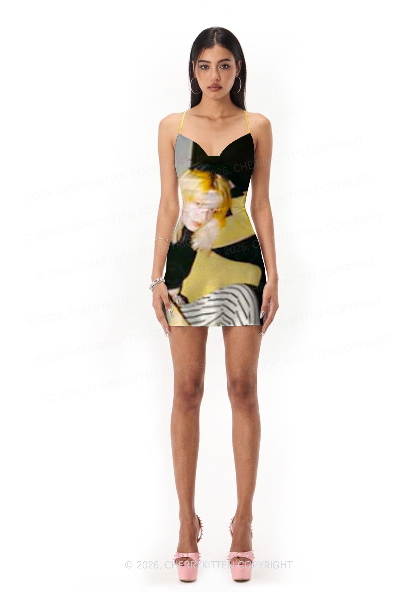 Custom Personalized Photo Y2K Print Satin Cowl Neck Slip Dress Cherrykitten
