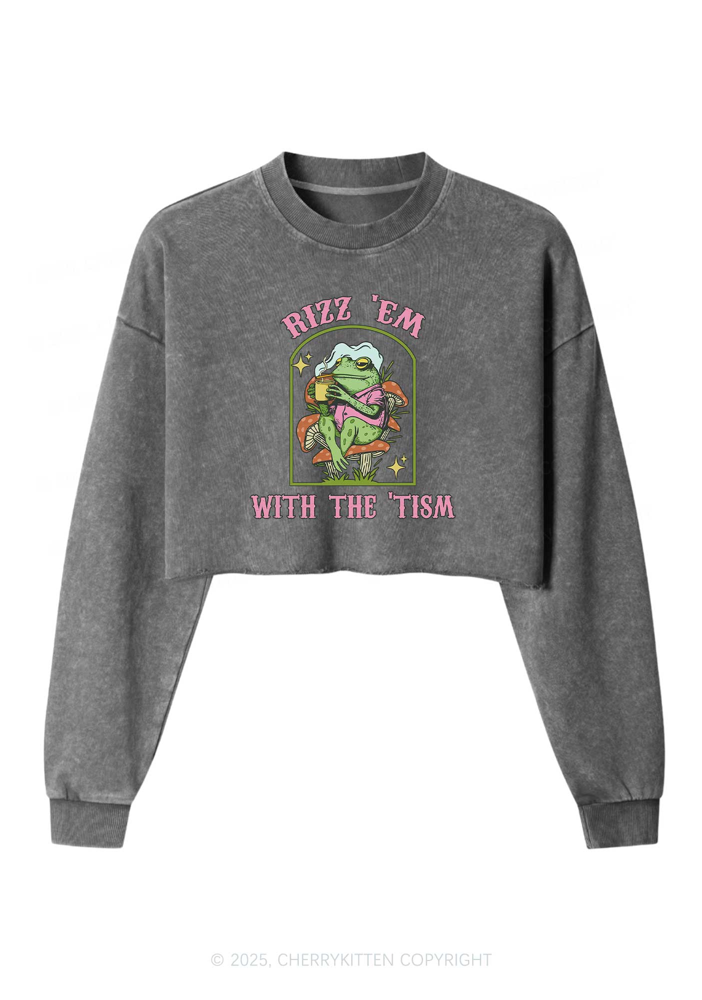 Tism Rizz Frog Y2K Crop Washed Sweatshirts Cherrykitten