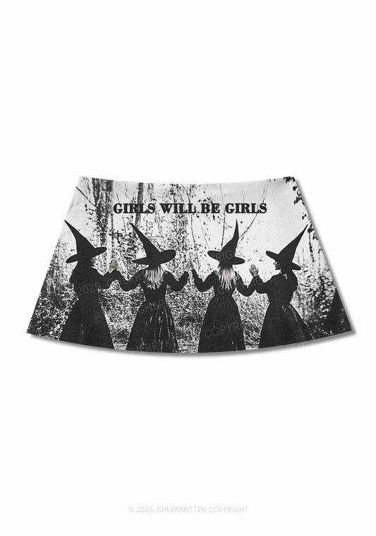 Halloween Girls Will Be Girls Y2K Print Mini Skirt Cherrykitten