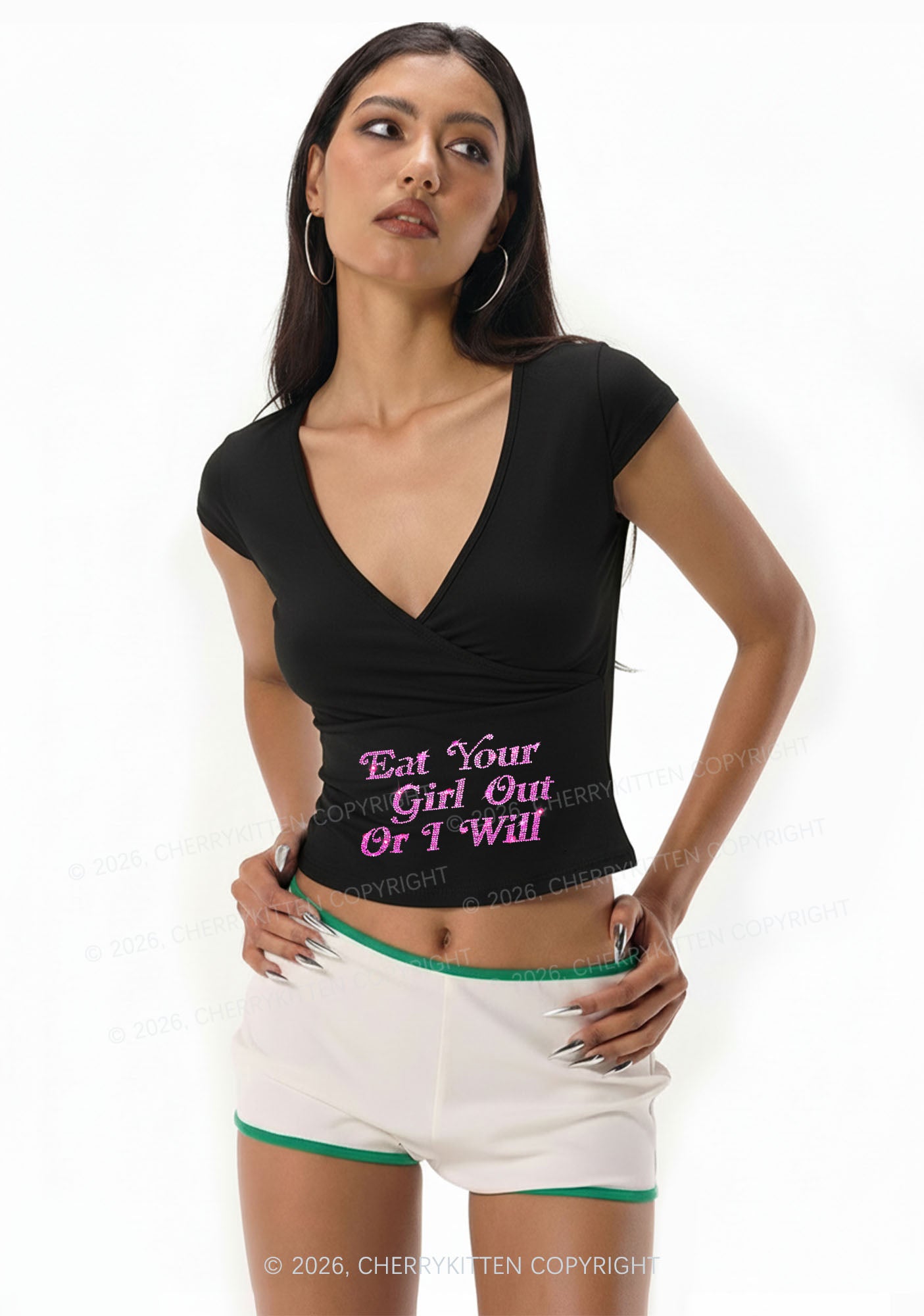 Rhinestone Eat Your Girl Out Y2K Wrap V Neck T Shirts Cherrykitten