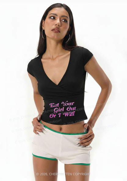 Rhinestone Eat Your Girl Out Y2K Wrap V Neck T Shirts Cherrykitten