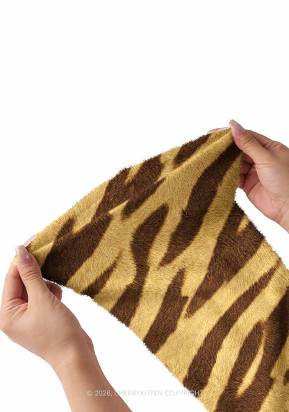 Khaki Tiger Stripe Y2K Print Fuzzy Flared Leg Warmers Cherrykitten