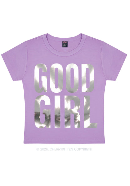 Good Girl Silver Foil Printed Y2K Baby Tee Cherrykitten