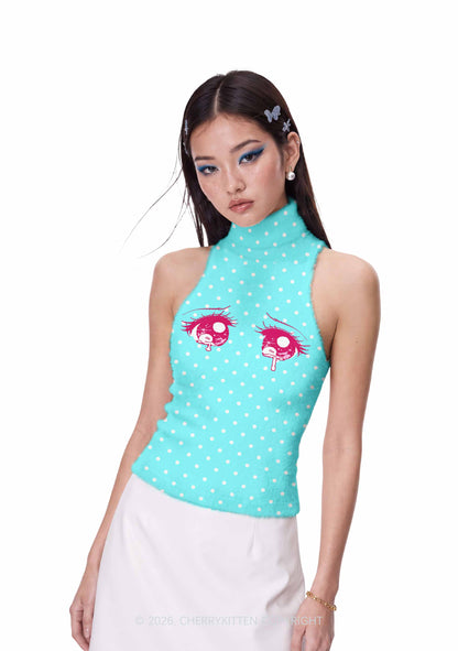 Crying Eyes White Dots On Blue Y2K Knit Turtleneck Tank Top Cherrykitten