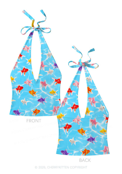 Water Ripple Goldfish Y2K Print Halter Deep V Neck Cami Cherrykitten