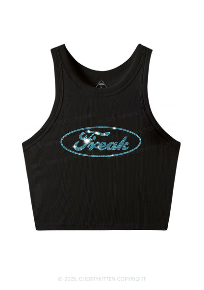 Rhinestone Oval Freak Y2K Crop Tank Top Cherrykitten