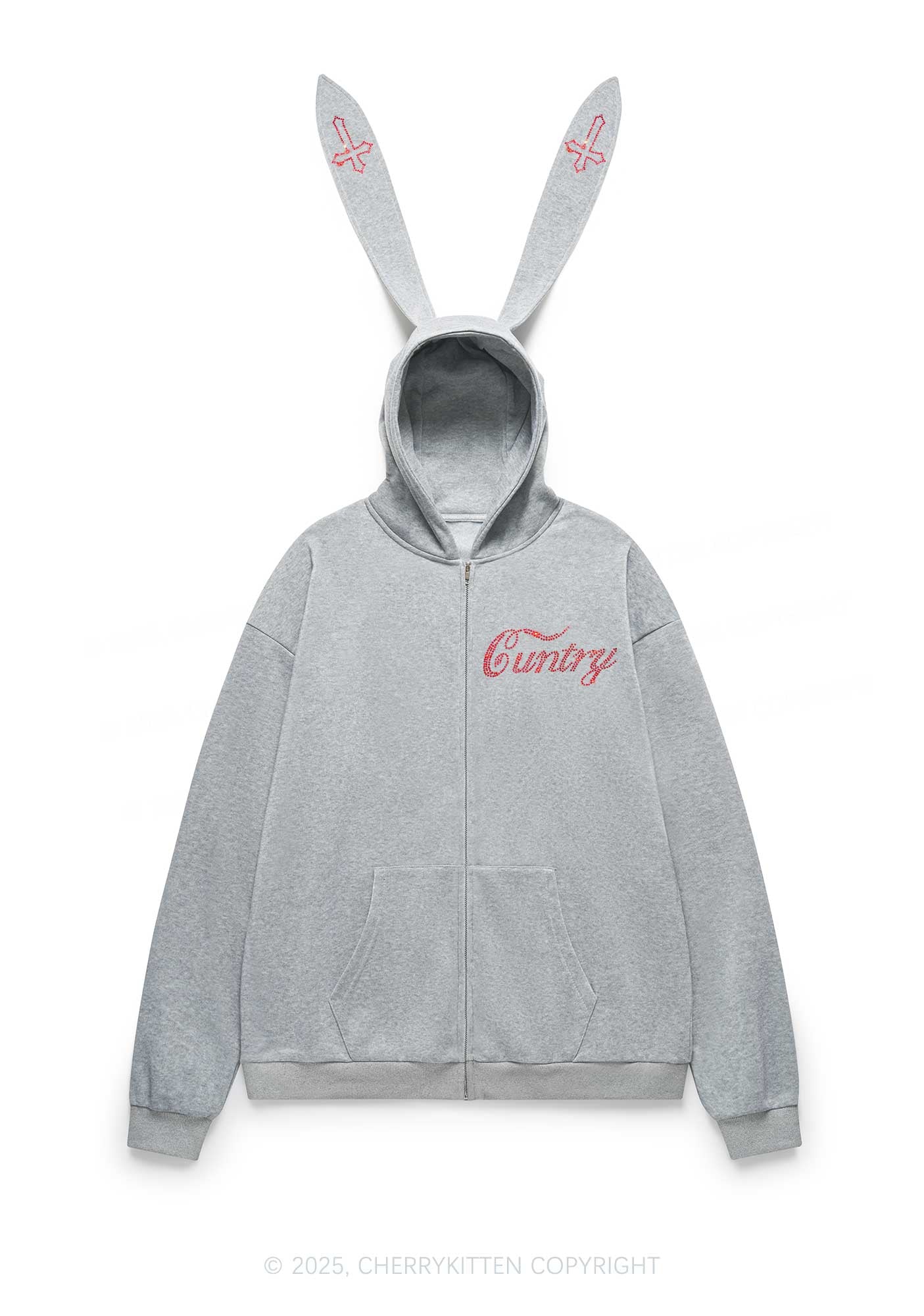 Rhinestone Cuntry Cross Y2K Bunny Ear Zip Hoodie Cherrykitten