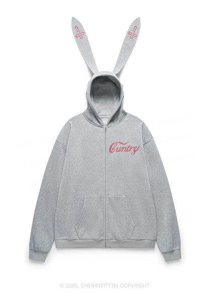 Rhinestone Cuntry Cross Y2K Bunny Ear Zip Hoodie Cherrykitten