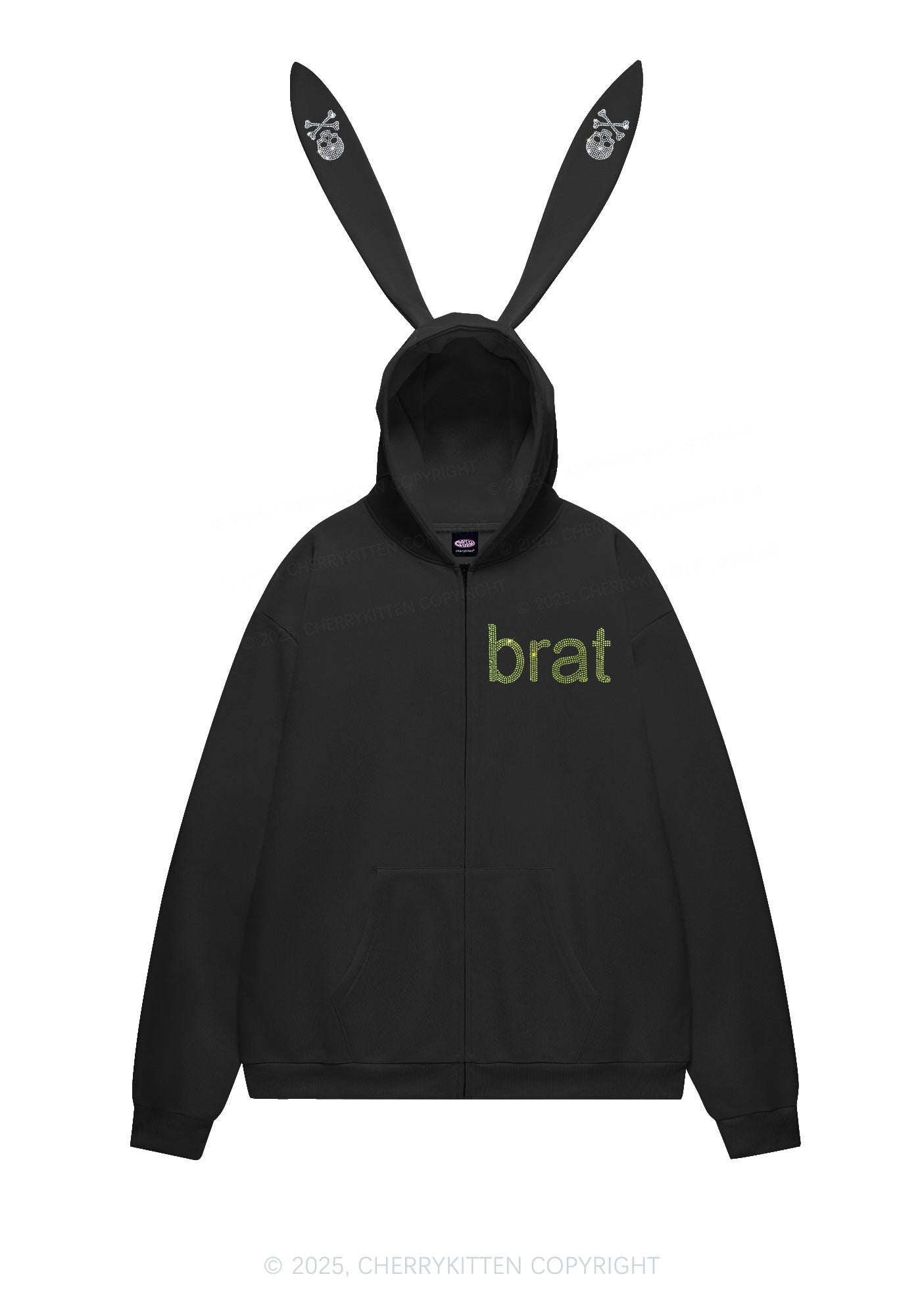 Rhinestone Brat Y2K Bunny Ear Zip Hoodie Cherrykitten