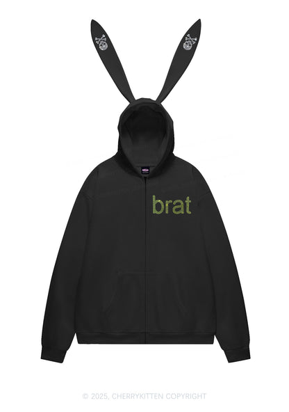 Rhinestone Brat Y2K Bunny Ear Zip Hoodie Cherrykitten