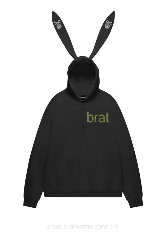 Rhinestone Brat Y2K Bunny Ear Zip Hoodie Cherrykitten
