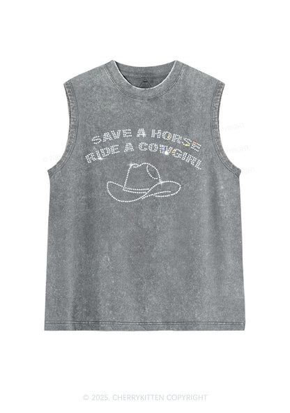 Rhinestone Save Horse Ride Cowgirl Y2K Washed Muscle Tank Cherrykitten
