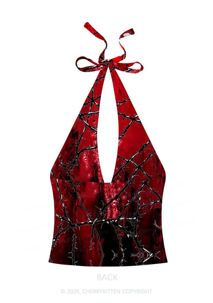 Thorned Ruby Y2K Print Halter Deep V Neck Cami Cherrykitten
