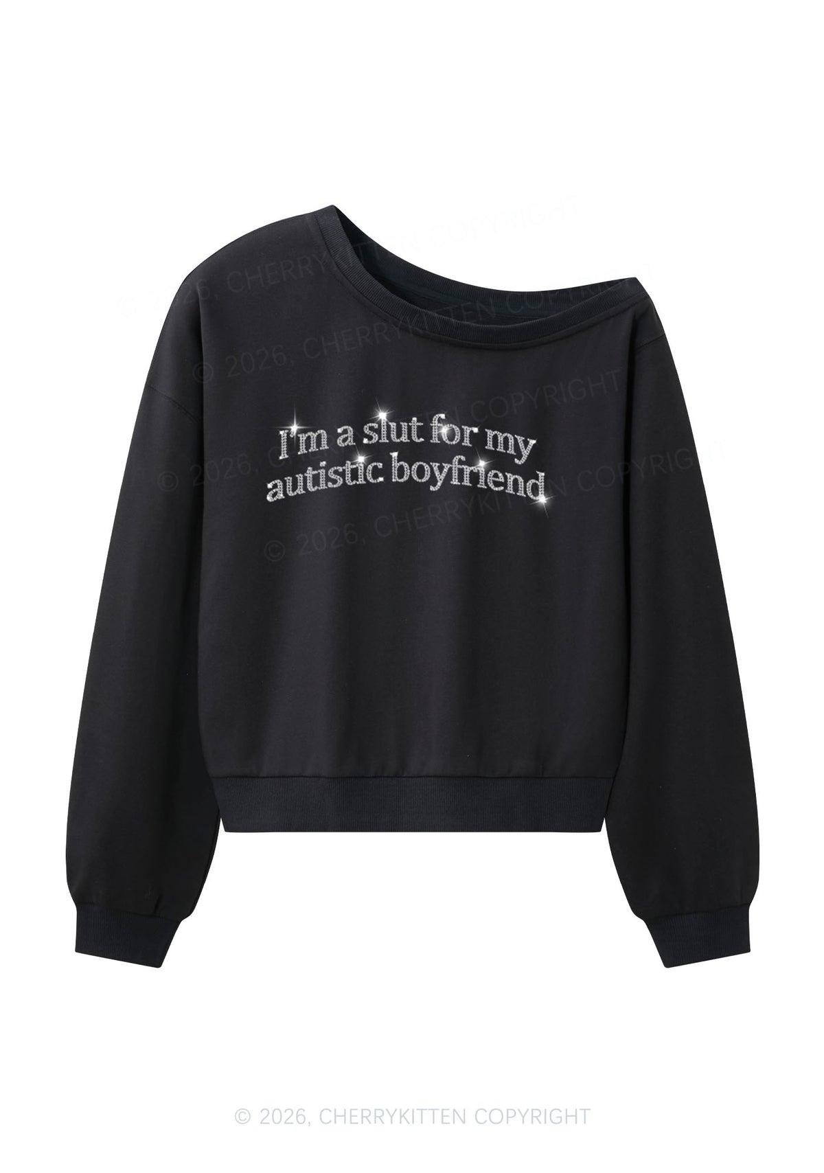 Rhinestone Slxt For My Autistic BF Y2K Off Shoulder Sweatshirts Cherrykitten
