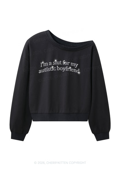 Rhinestone Slxt For My Autistic BF Y2K Off Shoulder Sweatshirts Cherrykitten