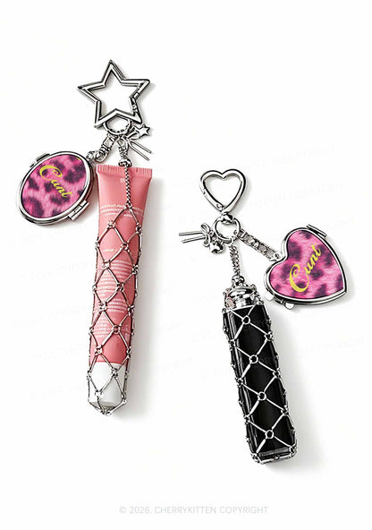 Pink Leopard Cxxt 1pc Y2K Metal Mesh Lipstick Holder Keychain With Mirror Cherrykitten