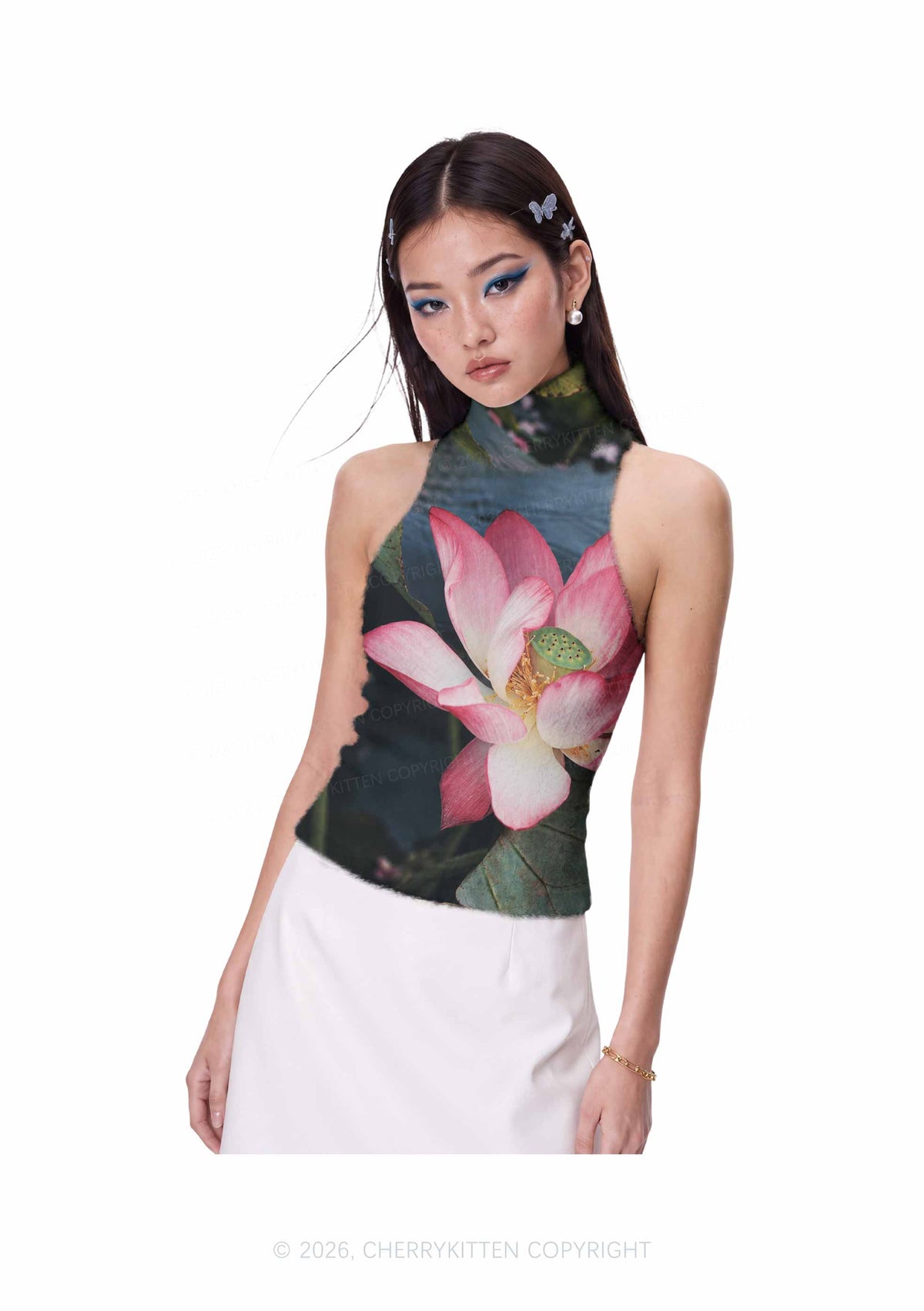 Pink Lotus Pond Y2K Knit Turtleneck Tank Top Cherrykitten
