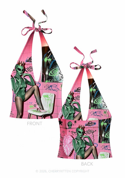 Alien Angel Graffiti Wall Y2K Print Halter Deep V Neck Cami Cherrykitten