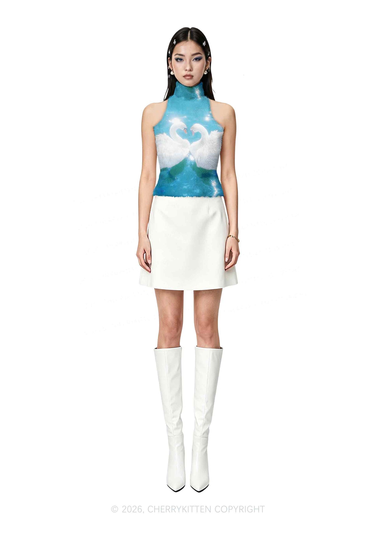 Swan Lovers Y2K Knit Turtleneck Tank Top Cherrykitten