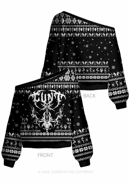 Halloween Punk Cxxt Y2K Off Shoulder Knit Sweatshirt Cherrykitten