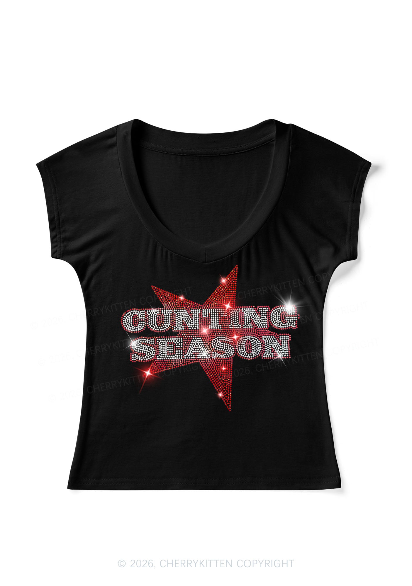 Rhinestone Cxxting Season Y2K V Neck T Shirts Cherrykitten