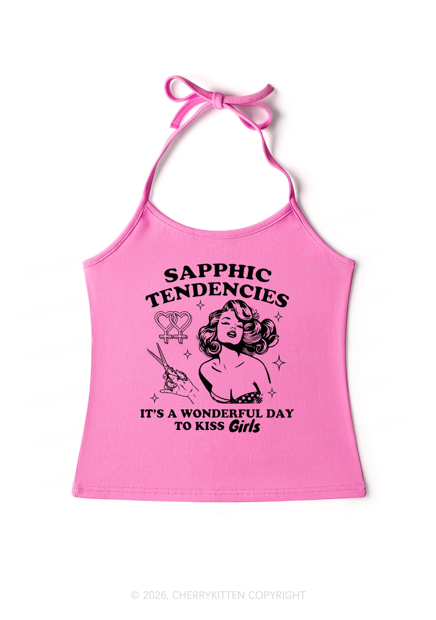 Sapphic Tendencies Kiss Girls Pride Y2K Halter Neck Cami Cherrykitten