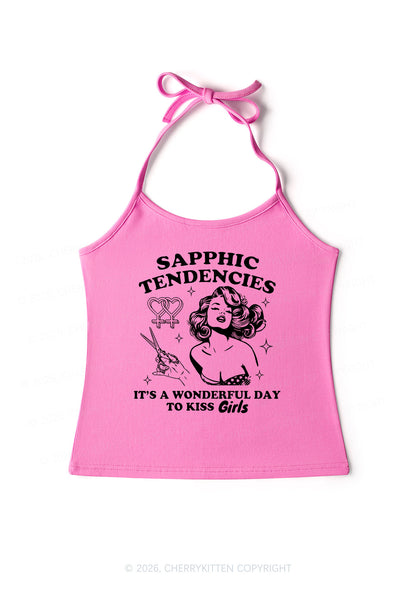 Sapphic Tendencies Kiss Girls Pride Y2K Halter Neck Cami Cherrykitten