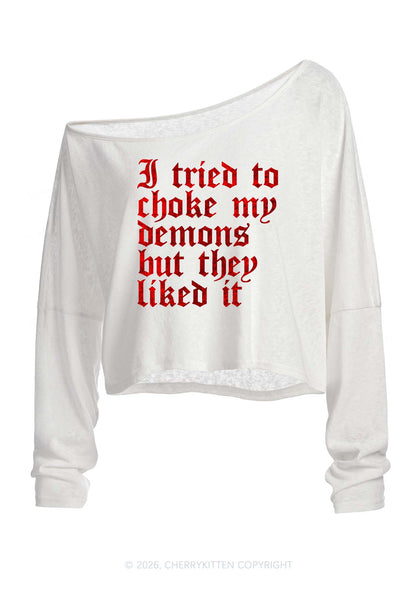 Halloween Choke Demons They Liked Y2K Off Shoulder Long Sleeve Crop Top Cherrykitten