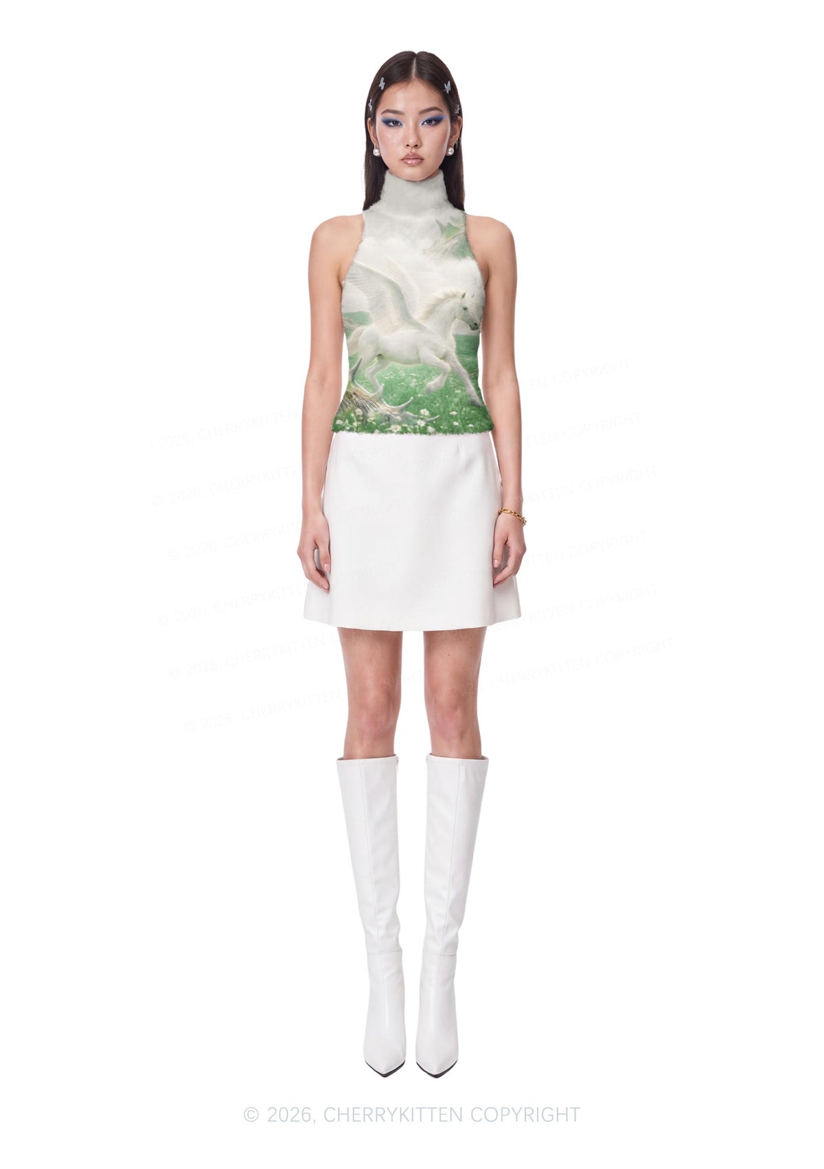 White Winged Horse On Meadow Y2K Knit Turtleneck Tank Top Cherrykitten