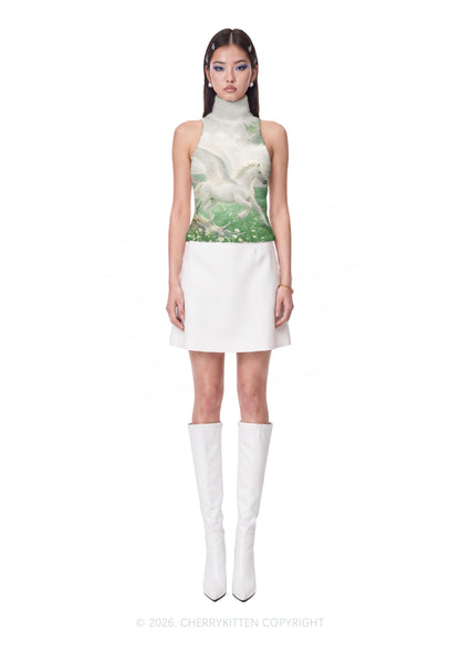 White Winged Horse On Meadow Y2K Knit Turtleneck Tank Top Cherrykitten