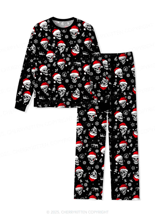Skull Santa Y2K Print Long Sleeve Pajama Set Cherrykitten