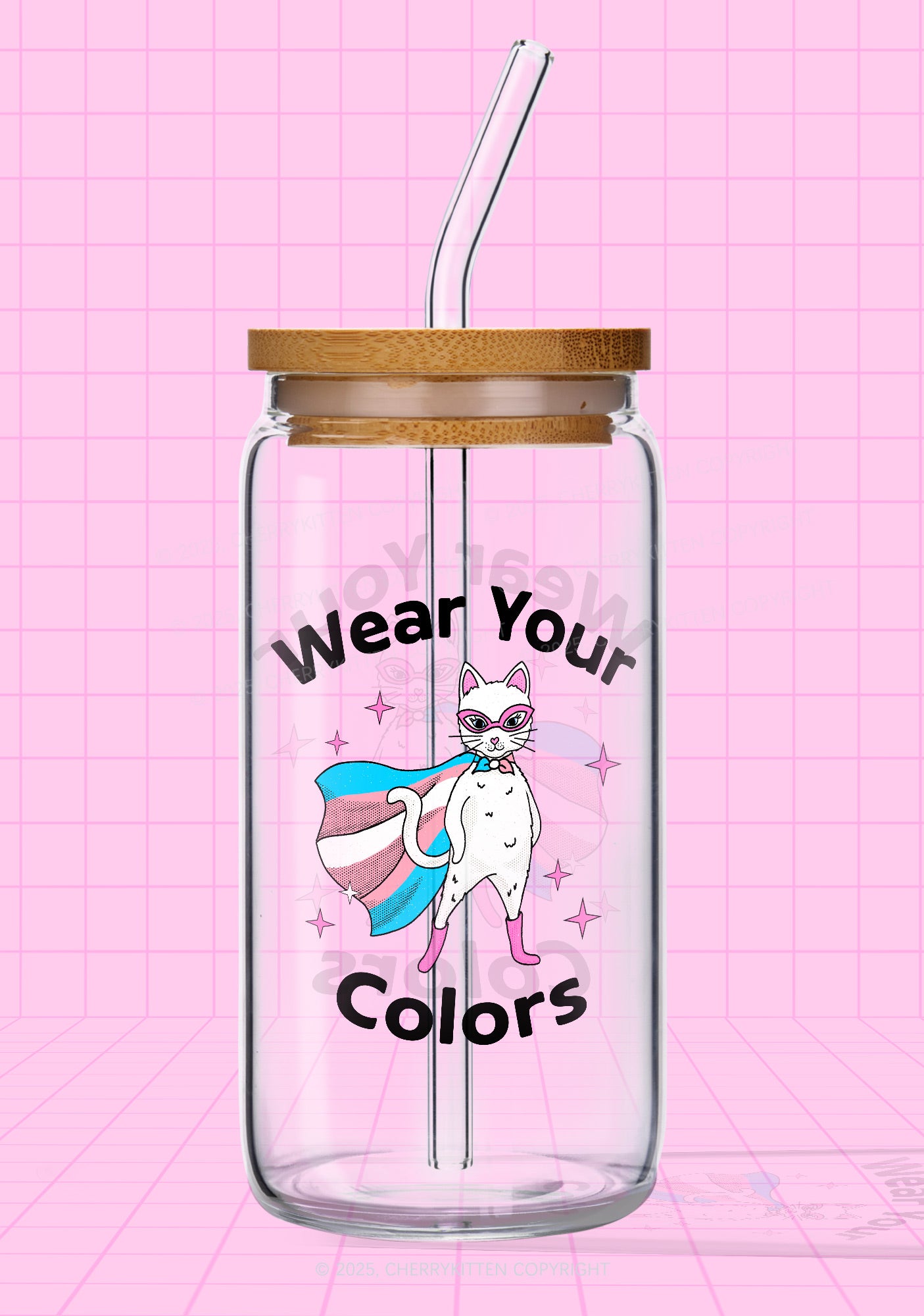 Transgender Flag Cat Pride Y2K Printed Glass Cup Cherrykitten