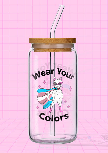 Transgender Flag Cat Pride Y2K Printed Glass Cup Cherrykitten