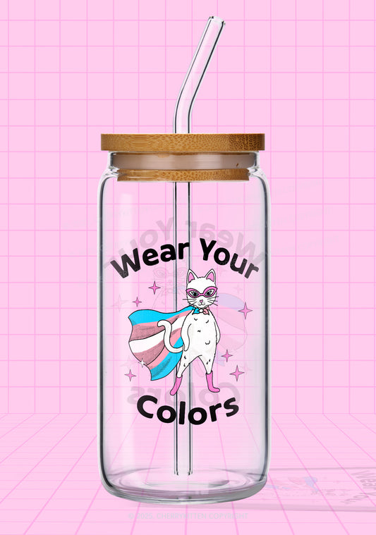 Transgender Flag Cat Pride Y2K Printed Glass Cup Cherrykitten